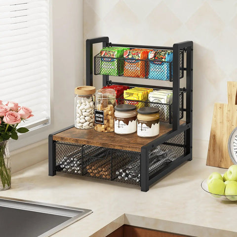 Industrial Rustic Tea Bag Organizer, 3 Tier Wood Storage Box With Drawer on kitchen countertop