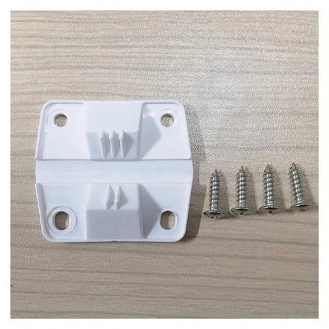 Heavy Duty Stainless Steel Cooler Hinge Kit With Screws Replacement Parts For Freezers And Coolers Beef Up Your Unit With Rugged Hinges And Easy Install, showing white hinge component and four screws on table.
