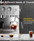 Straight Up Premium Espresso Machine With Built In Grinder And 20 Bar Pump Serving Rich Crema And Exact Temp Control Featuring Solid Stainless Steel Build showing independent hot water outlet and coffee brewing.
