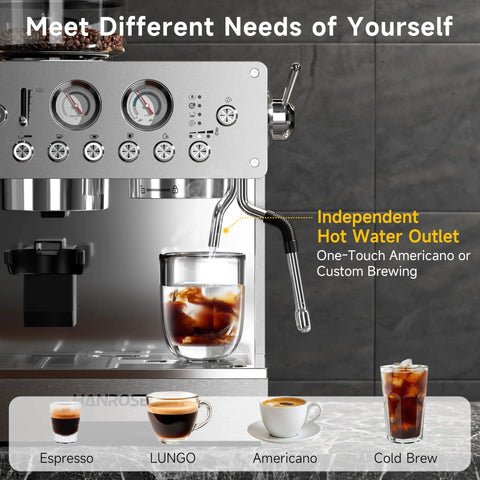 Straight Up Premium Espresso Machine With Built In Grinder And 20 Bar Pump Serving Rich Crema And Exact Temp Control Featuring Solid Stainless Steel Build showing independent hot water outlet and coffee brewing.