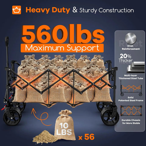 Heavy Duty 48 Inch Collapsible Wagon Cart With 560 Lb Capacity And 300L Storage, All Terrain Wheels, Foldable Beach Utility Wagon For Hauling Groceries, Shopping, Camping And Sports Gear, Black with bags showcasing capacity