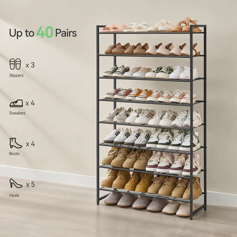 Heavy Duty Eight Tier Shoe Rack For Closet And Garage No Sweat Organization Holds Forty Pairs Flex Frame Metal Organizer Entryway Space Savers Essentials Black Rack