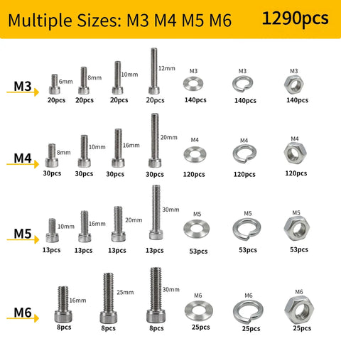 Killer 1290 Piece Rust Resistant 304 Stainless Steel Button Head Socket Cap Screw Assortment Kit With Hella Tough Hex Nuts And Durable Flat Washers For Heavy Duty Rc Truck Builds And Pro Shop Repairs, showing sizes M3, M4, M5, M6.