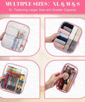 Top Shelf 12 Pack Clear Zipper Cases With 40 Label Stickers Stackable Travel Storage System Crush Resistant Pouches For Makeup Electronics Gear Pink Setup in various sizes organizing makeup and pens.