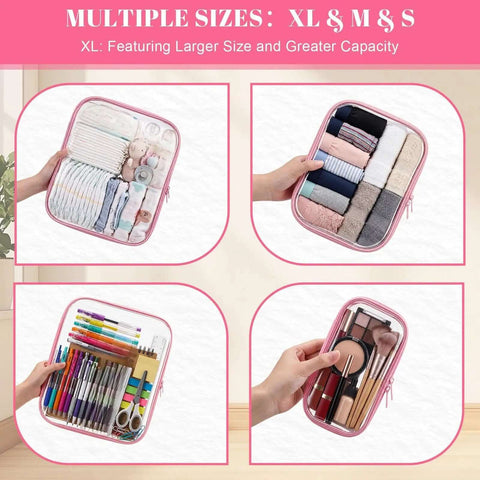 Top Shelf 12 Pack Clear Zipper Cases With 40 Label Stickers Stackable Travel Storage System Crush Resistant Pouches For Makeup Electronics Gear Pink Setup in various sizes organizing makeup and pens.