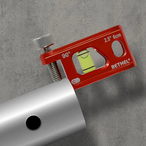 Conduit Torpedo Level With Magnetic Pipe Mini Level, 2.5 Inch Bubble Vial on silver conduit, showing thumbscrews and bright orange frame