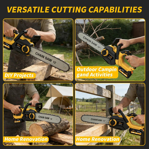 12 Inch Cordless Electric Chainsaw With 20V Battery Auto Oiler Dual 4.0Ah Batteries Two Chains Compact Light Design For Tree Trimming Wood Cutting And Pruning Brushless Motor shown in use for versatile cutting in various outdoor settings.