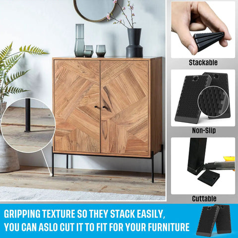 All Purpose Furniture Levelers And Rubber Shims Set 32 Piece Jar 2 Inch Wedges shown under cabinet leg in room