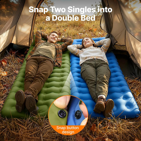 Two people lying on a green Ultralight Inflatable Sleeping Pad With Built In Pillow And Foot Pump For Camping, 6 Inch Thick