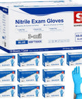 Next Level Medical Grade Three Mil Nitrile Exam Gloves That Hit Different With A Super Smooth Fit And Heavy Duty Grip For Healthcare Hustlers Seeking Zero Hassle With Truly Latex Free And Powder Free Comfort, shown in blue packaging with gloves.