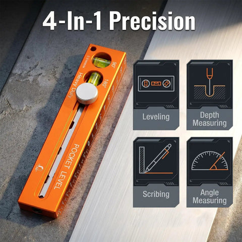 Nailed It 4-In-1 Aluminum Marking Level Ruler With Dual Industrial Magnets, Sliding Depth Gauge, And Flexible Angle Finder For Swift Woodworking And Carpentry Jobs