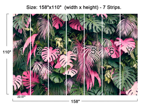 Epic Tropical Wall Mural For Bedroom And Living Room With 3D Monstera And Banana Palm Leaves Huge Green Plant Vibe 158 By 110 Inches Seven Panel Set Not Peel And Stick Glue Required, showing numbered panels for assembly