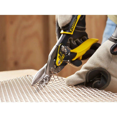Heavy Duty Aviation Tin Snips Straight Cut 9 7/8 Inch cutting wire mesh, chrome molybdenum blades in use