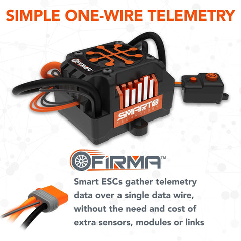 Firma 130A Brushless Smart ESC with simple one-wire telemetry, showing wiring and connectors on a white background.