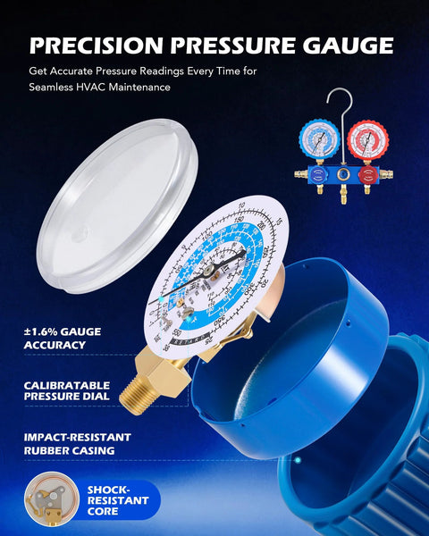 Orion Motor Tech AC vacuum pump and gauge set with blue housing and 3-way dual gauge manifold