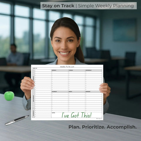 Woman holding Weekly To Do List Planner Notepad For Stay On Top Pros And Busy Bees, 60 Page Task Pad with checkboxes.