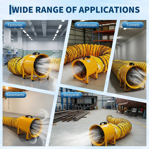 12 Inch High Velocity Air Mover Blower With 3500 CFM Beast Mode Airflow, yellow industrial fan with flexible duct for various applications