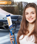 Swap These Heavy Duty 22 and 22 Inch Front Wiper Blades for Ford F150 and Dodge Ram 1500 2500 3500 Easy J Hook U Hook Fitment with blonde woman holding wiper in snowy car background.