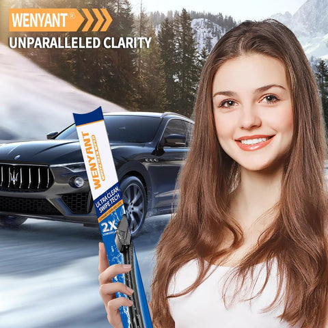 Swap These Heavy Duty 22 and 22 Inch Front Wiper Blades for Ford F150 and Dodge Ram 1500 2500 3500 Easy J Hook U Hook Fitment with blonde woman holding wiper in snowy car background.