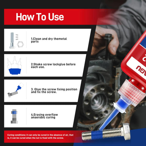 Image showing how to use Blue Medium Strength Removable Thread Locker Adhesive For Metal Screws And Bolts with step-by-step instructions.