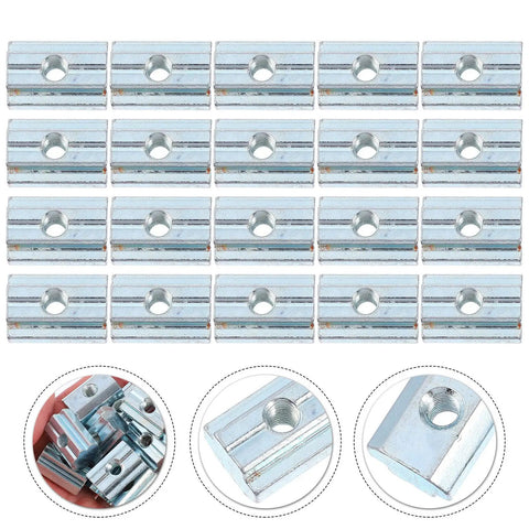 Twenty Piece T Slot Slide Nuts Premium Carbon Steel Tee Track Fasteners Nickel Coated laid out with detailed view showing thread holes.