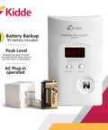 Plug-In Carbon Monoxide Detector With 9V Battery Backup, Digital LED Display, 85 Decibel Alarm, LED Status Lights shown with battery and plug.