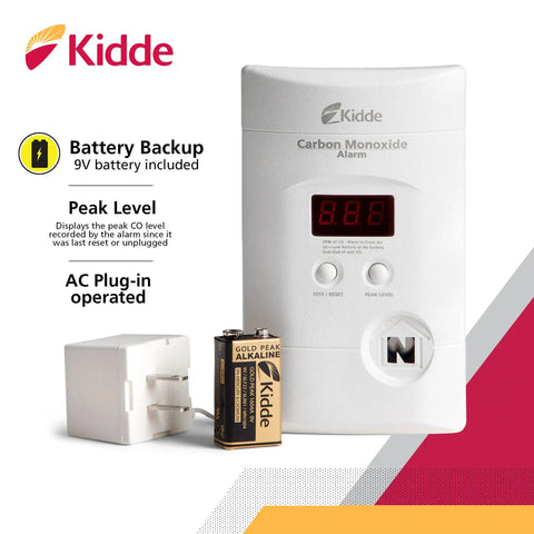 Plug-In Carbon Monoxide Detector With 9V Battery Backup, Digital LED Display, 85 Decibel Alarm, LED Status Lights shown with battery and plug.