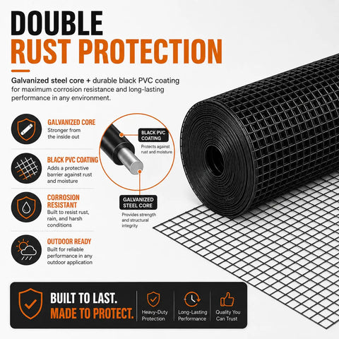Built Like A Brick 1/2 Inch Hardware Cloth Tough As Nails Chicken Wire Fencing Roll for Yard Birds and Garden Protection, black PVC coated steel mesh.