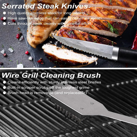 Close-up of serrated steak knife slicing meat, wire grill cleaning brush on grill. Ultimate 26 Piece Stainless Steel BBQ Grill Tools Set.