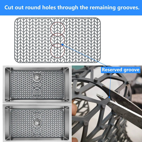 Silicone Sink Mat Grid Protector For Kitchen Sinks 12 To 29.5 Inches DIY Cut To Fit Bottom Of Sink with cutout instructions.
