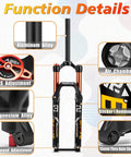Functional details of 120mm Travel MTB Fork For 26 27.5 29 Inch Mountain Bikes, showing aluminum alloy components and air chamber.