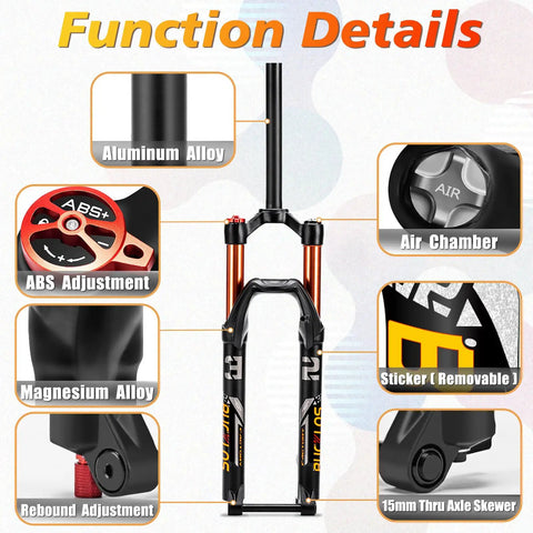 Functional details of 120mm Travel MTB Fork For 26 27.5 29 Inch Mountain Bikes, showing aluminum alloy components and air chamber.