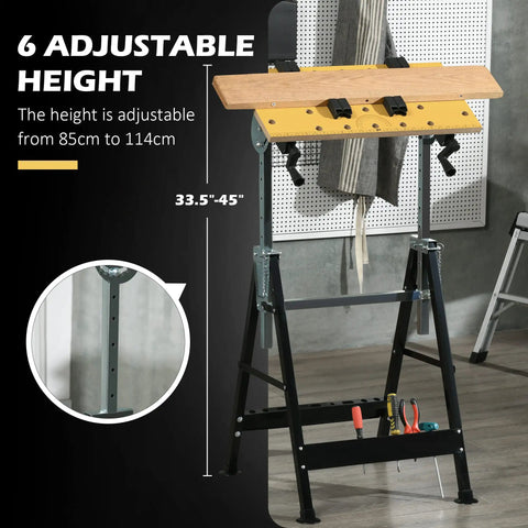 Tough As Nails Adjustable Work Bench Tool Table With Four Heavy Duty Clamps And Six Position Tilt Top Scaling Thirty Three To Forty Five Inches, adjustable height 33.5"-45"