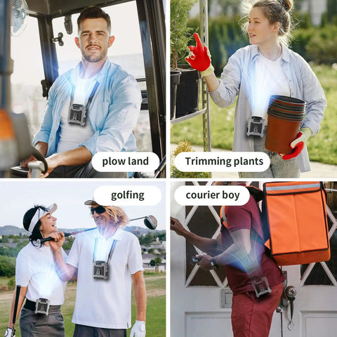 People using 10000mAh Portable Waist Clip On Fan With 5 Speeds And Built In Flashlight in various outdoor activities.