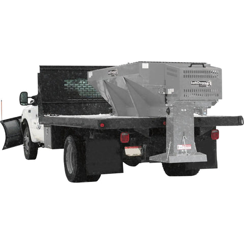 Commercial Gas Powered Stainless Steel Hopper Spreader With Extension Chute 2 Cubic Yard Tank mounted on a truck for snow removal.