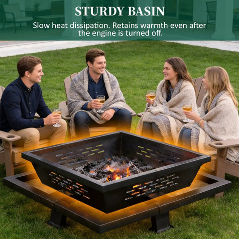 Group enjoying 42 Inch Outdoor Fire Pit Heavy Duty Wood Burning Firepit With Poker For Camping Backyard Patio Beefy Steel Pit