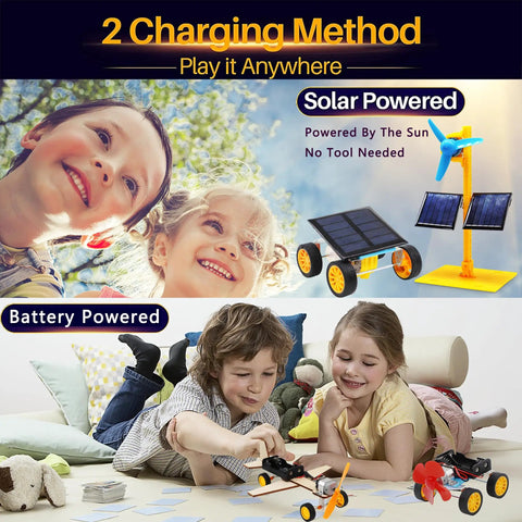 Hands-On STEM Kit For Kids Aged 8-12 With Solar Car, Solar Fan, Wind Car, And Wooden Plane, battery and solar powered