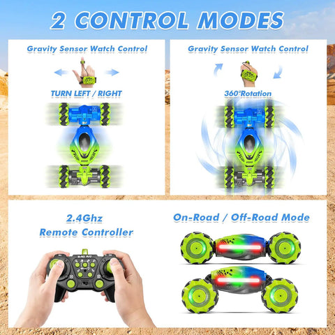 Gesture RC Car 2.4GHz 4WD Hand Control And Gesture Sensing Stunt Car For Kids, showcasing control modes with remote and hand gestures.