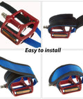 Three Pairs Bike Pedal Straps For Fixed Gear Bikes Durable Foot Straps With Adhesive Toe Clip Belts In Red Black And Blue Easy To Install Secure Footing Ideal For Casual Riders And Sharing With Friends showing installation steps on red pedal