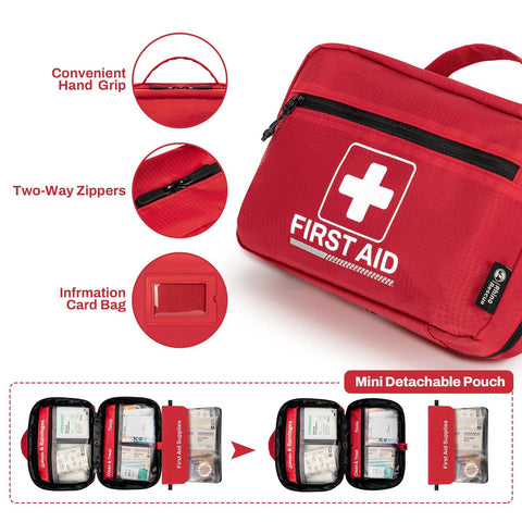 Red Rhino Rescue 240-piece all-purpose first aid kit with handle and front FIRST AID emblem.