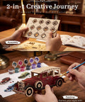 Paintable 3D Wooden Vintage Car Puzzle For Adults No Glue Required 187 Piece model, assembly and painting shown