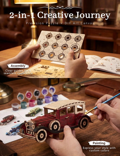 Paintable 3D Wooden Vintage Car Puzzle For Adults No Glue Required 187 Piece model, assembly and painting shown