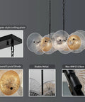 Rustic Drum Chandelier With Black Metal Frame And Exposed Bulbs, 4-Light Farmhouse Pendant with crystal shades and metal frame