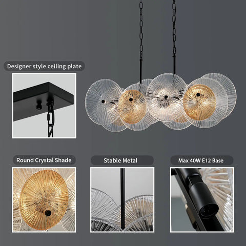 Rustic Drum Chandelier With Black Metal Frame And Exposed Bulbs, 4-Light Farmhouse Pendant with crystal shades and metal frame