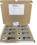 Open box of 8 Piece Round Punch And Die Set MP4146 For Ironworkers with various sizes from 9/32 to 29/32 inch, compatible with METALpro Ironworkers.