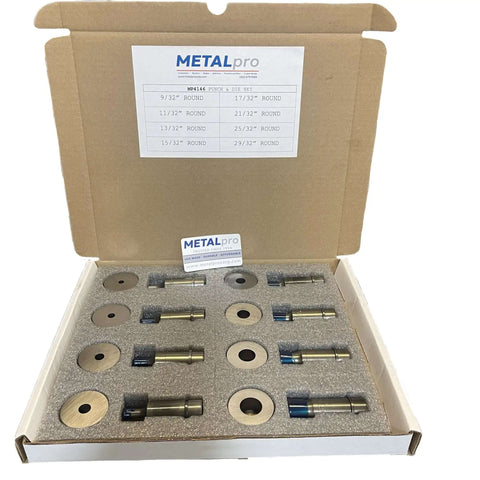 Open box of 8 Piece Round Punch And Die Set MP4146 For Ironworkers with various sizes from 9/32 to 29/32 inch, compatible with METALpro Ironworkers.