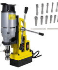 Heavy Duty Kick Ass Magnetic Drill Press With Rock Solid 2700 Lb Holding Power And Killer Tungsten Carbide Annular Cutter Kit setup with cutting tools.
