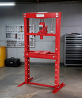 Beast Mode 12 Ton Hydraulic Shop Press with Easy Glide Movable Plates, red steel frame, perfect for workshop metal projects.