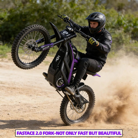 Badass 8000W Electric Dirt Bike For Adults With 75 Mile Range And 60 Mph Top Speed performing a wheelie on dirt trail.
