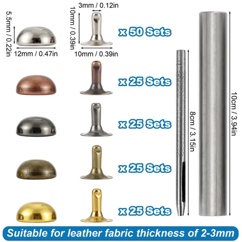 150 Piece Leather Rivets Set with dome and mushroom rivets, 12x6mm sizes, metal tools, for clothing, bags, belts, collars